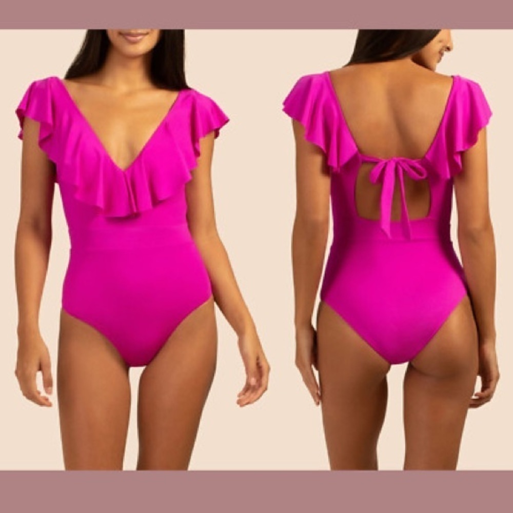 $154 Trina Turk Atlas Ruffle Plunge One-Piece Swimsuit Orchid Size 6 EUC